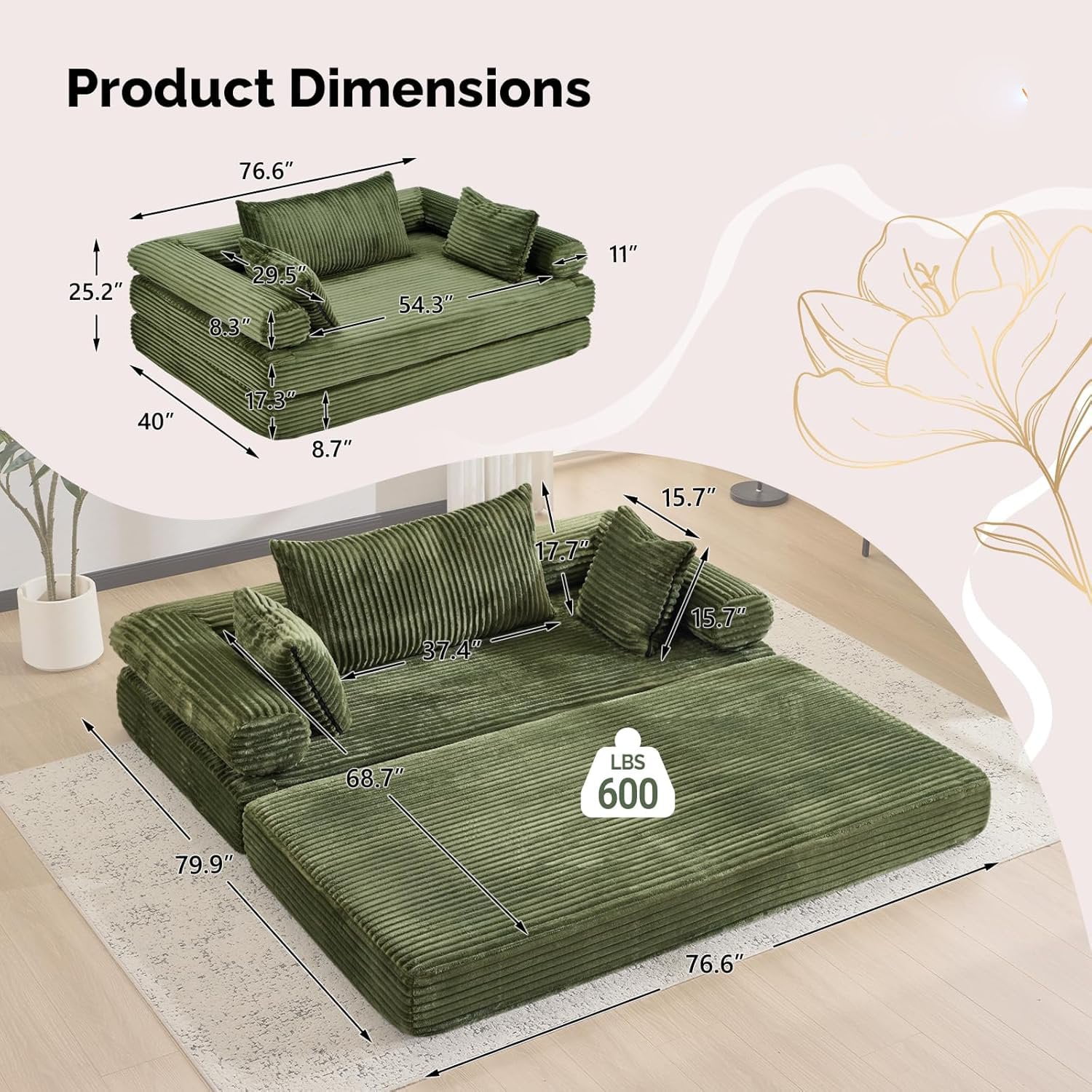 Ktaxon Convertible Sofa Bed, Pull-Out Sleeper Loveseat Couch with Oversized Back Pillow, Ideal for Living Room or Guest Use Green