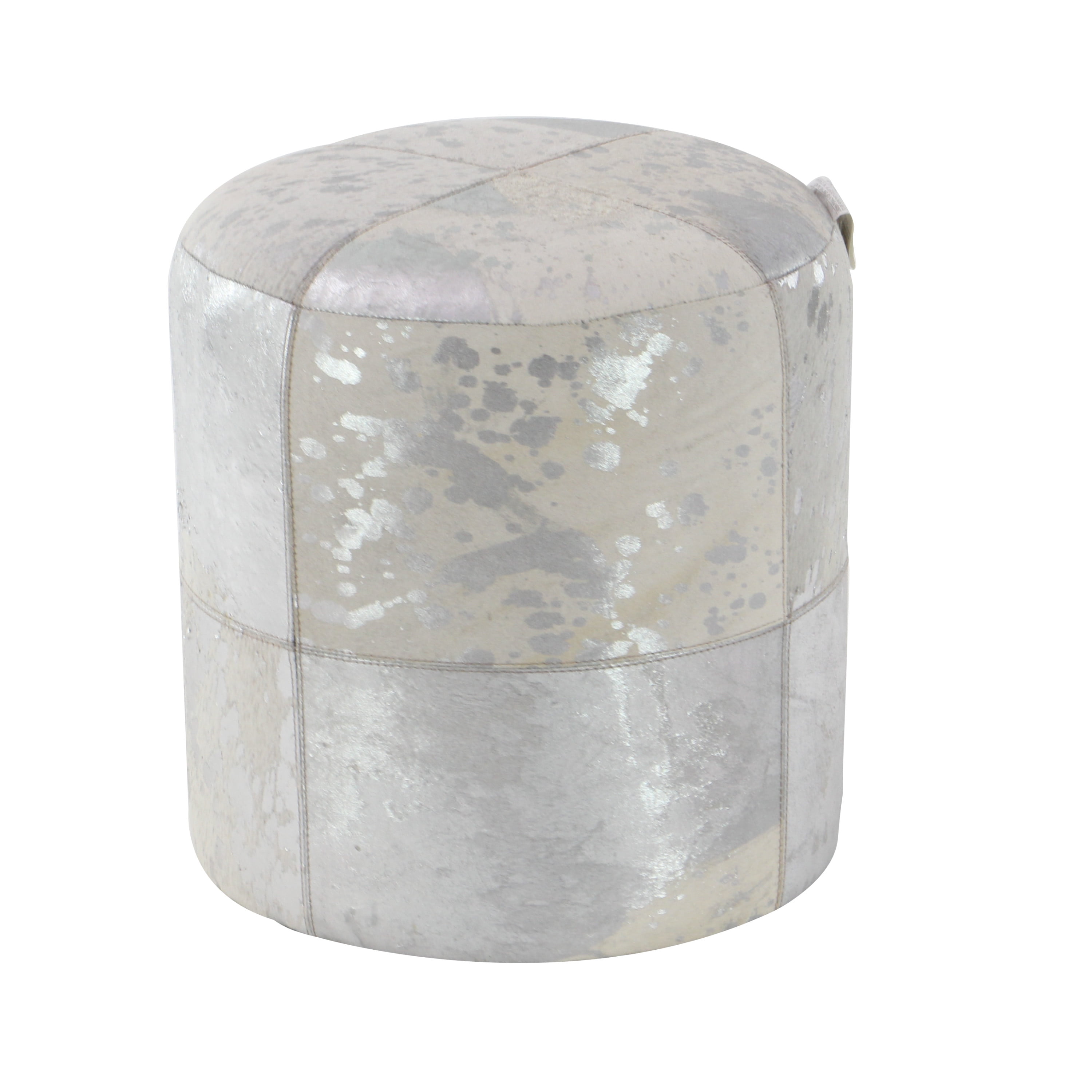 Decmode 16" x 17" Silver Leather Handmade Ottoman with Silver Foil Paint, 1-Piece