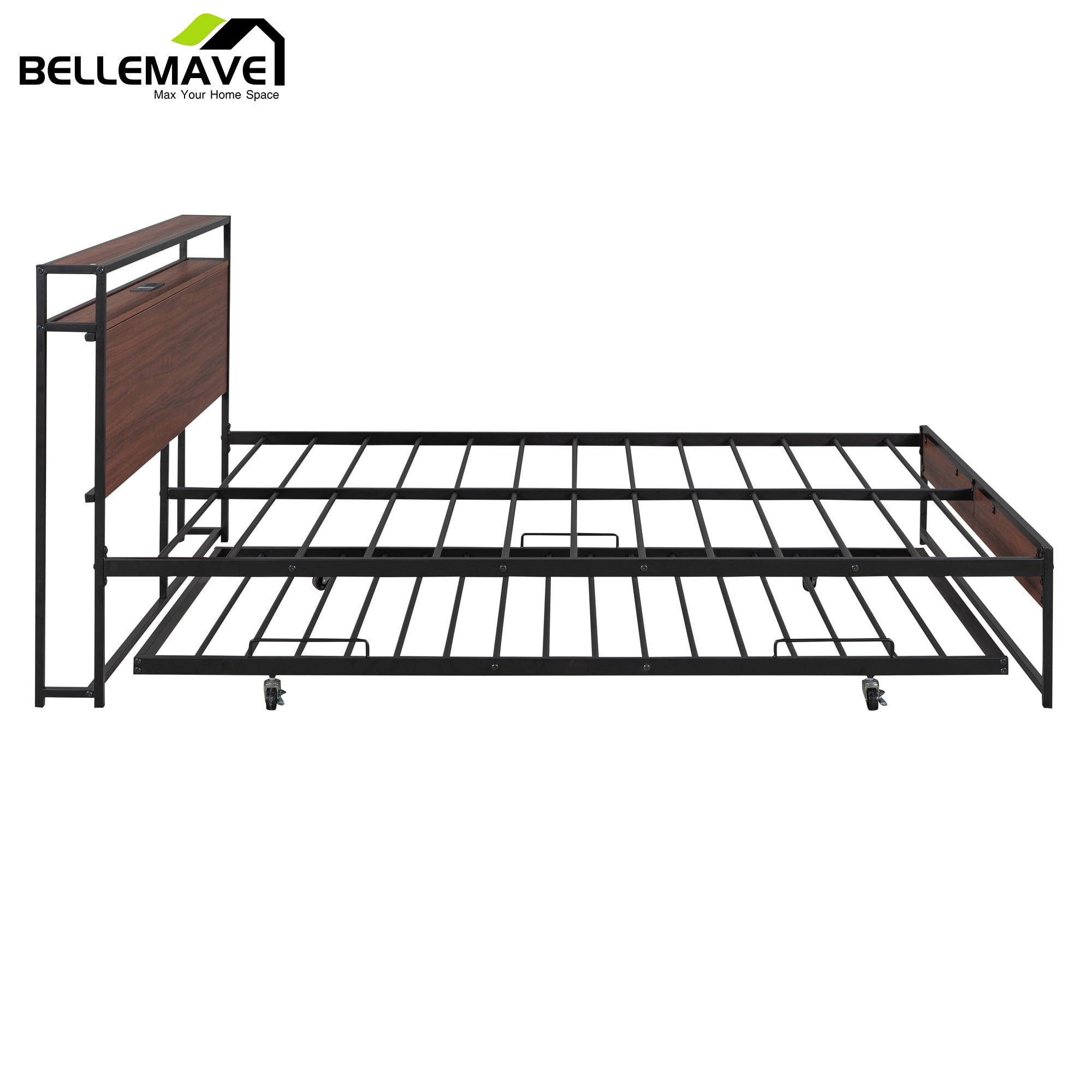 Bellemave Queen Platform Bed Frame with Twin Size Trundle, Usb Ports and Storage Shelf, Metal Queen Bed Frame with Headboard, Noise-Free, No Box Spring Needed(Black)