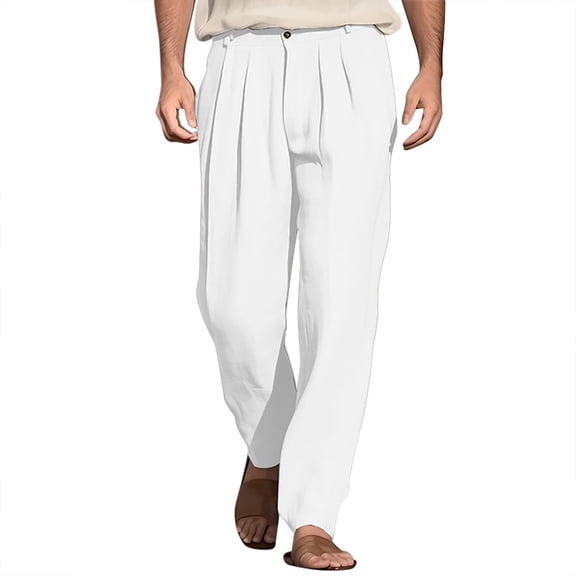 Yuhangmm Men's Casual Pants - Fold Wide Leg Flat Front Elastic Waist Belted Relaxed Fit for Everyday Wear White XL