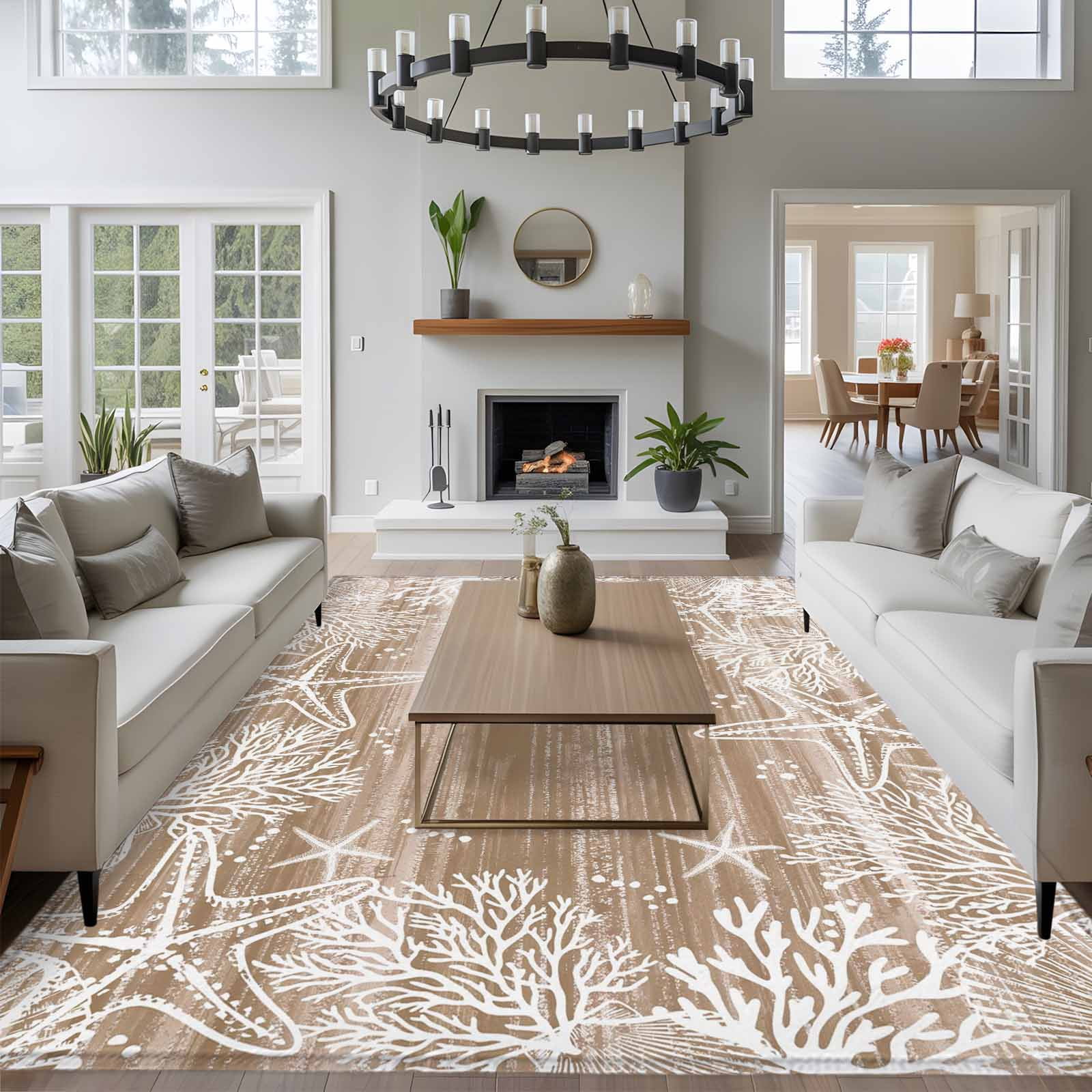 Brown Coastal Area Rugs 8'x10', Washable Small Throw Rugs for Living Room Patio, Summer Ocean Sea Ombre Starfish Corals Indoor Outdoor Rug Non-Slip Low Pile Carpet Runner Reversible Floor Mats