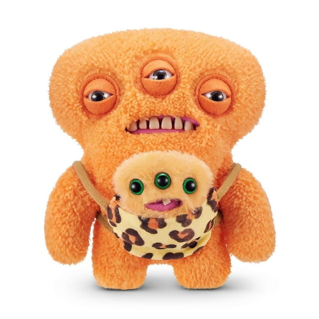 original fuggler plush toy ugly tooth monster wide eyed weirdo annoyed alien reek-o suspicious fox stuffed fuggler peluche doll Peluche Fuggler naranja, vista frontal centrada de silueta redondeada con brazos y patas cortas; plush peludo relleno PP cotton, pañuelo con estampado leopardo en el torso y boca con diente(s) prominente(s). Fondo blanco, categoría Juguetes y Peluches.