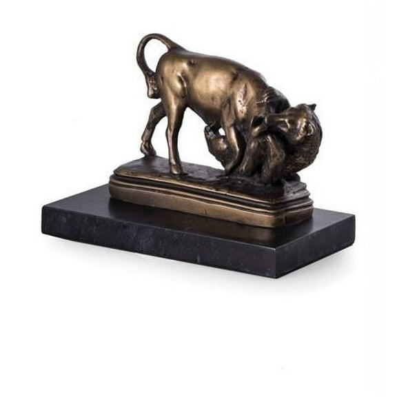Bey-Berk International B100 Eternal Struggle of Bull & Bear Bronzed Finished Sculpture on Green Marble Base
