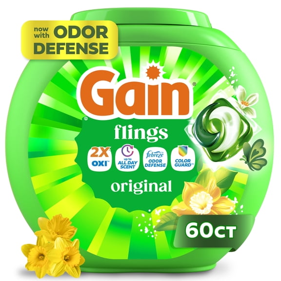 Gain Flings Laundry Detergent Soap Pacs, 4-in-1 Oxi Boost and Febreze, Original, 60 Count