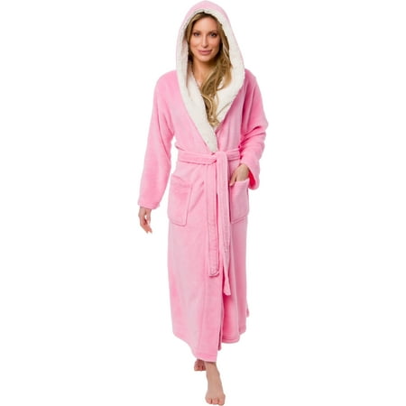 Silver Lilly Women's Full Length Plush Hooded Bath Robe w/ Sherpa Collar