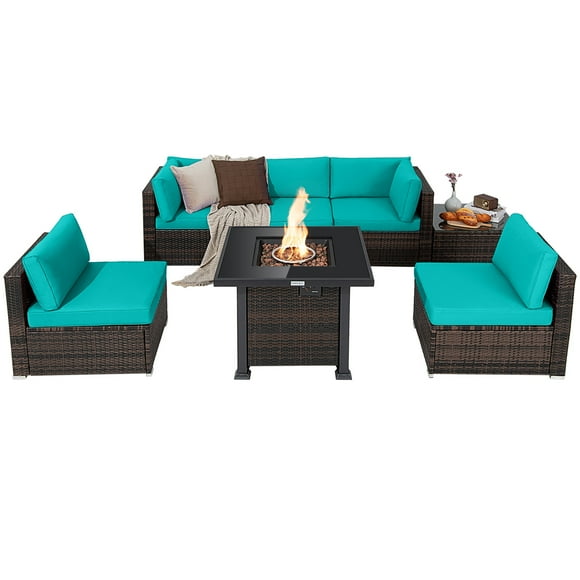 Patiojoy Patio Rattan 7PCS Cushioned Chair Set Furniture Set Thick Cushion w/ 50,000 BTU Propane Fire Pit Table for Garden Turquoise