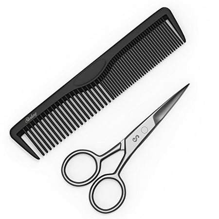 4" Facial Hair Trimming Scissors - Grooming Scissors & Comb for Beards, Mustaches, Eyebrows, Nose Hair, Ear Hair & Personal Care Trimming - Precision Stainless Steel By Sterling Beauty Tools.