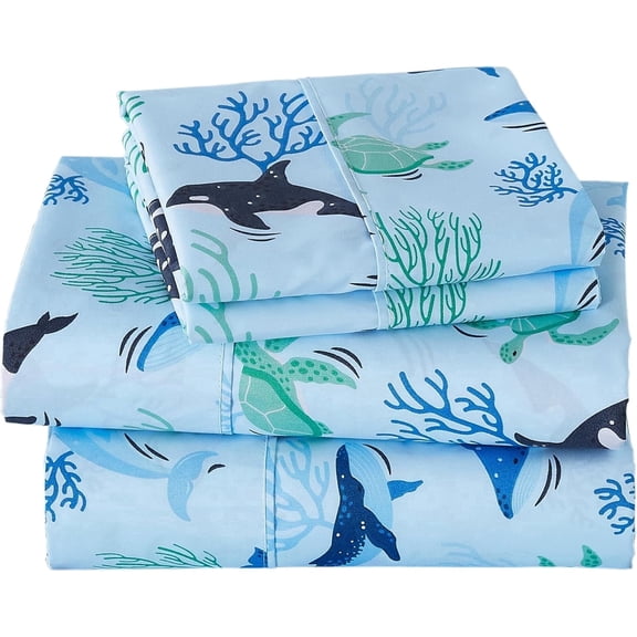 Viviland 3 Pieces Boys Blue Ocean Twin Sheet Set - Soft Microfiber Fitted Flat Sheets & Pillowcase - Blue Ocean Whales, Sea Turtles, Marine Organisms Bedding Sets - for Kids & Toddlers