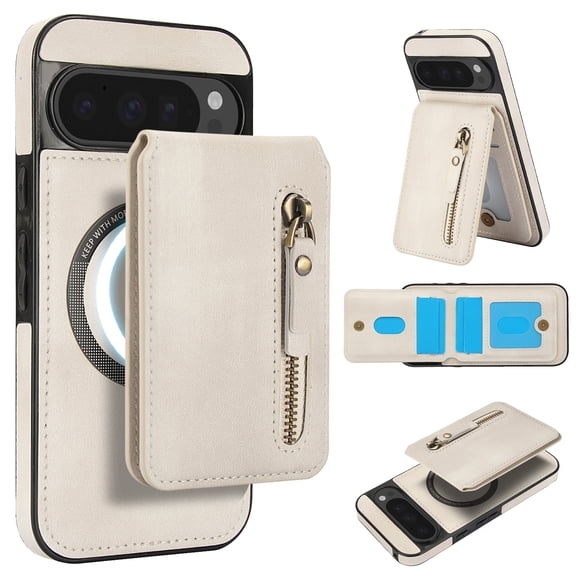 Detachable Strong Magnetic Case for Google Pixel 10 Pro XL, 2-in-1 Zipper Card Slots Wallet Multi-view Kickstand PU Leather Phone Cover - Compatible with MagSafe Wireless Chargers, White