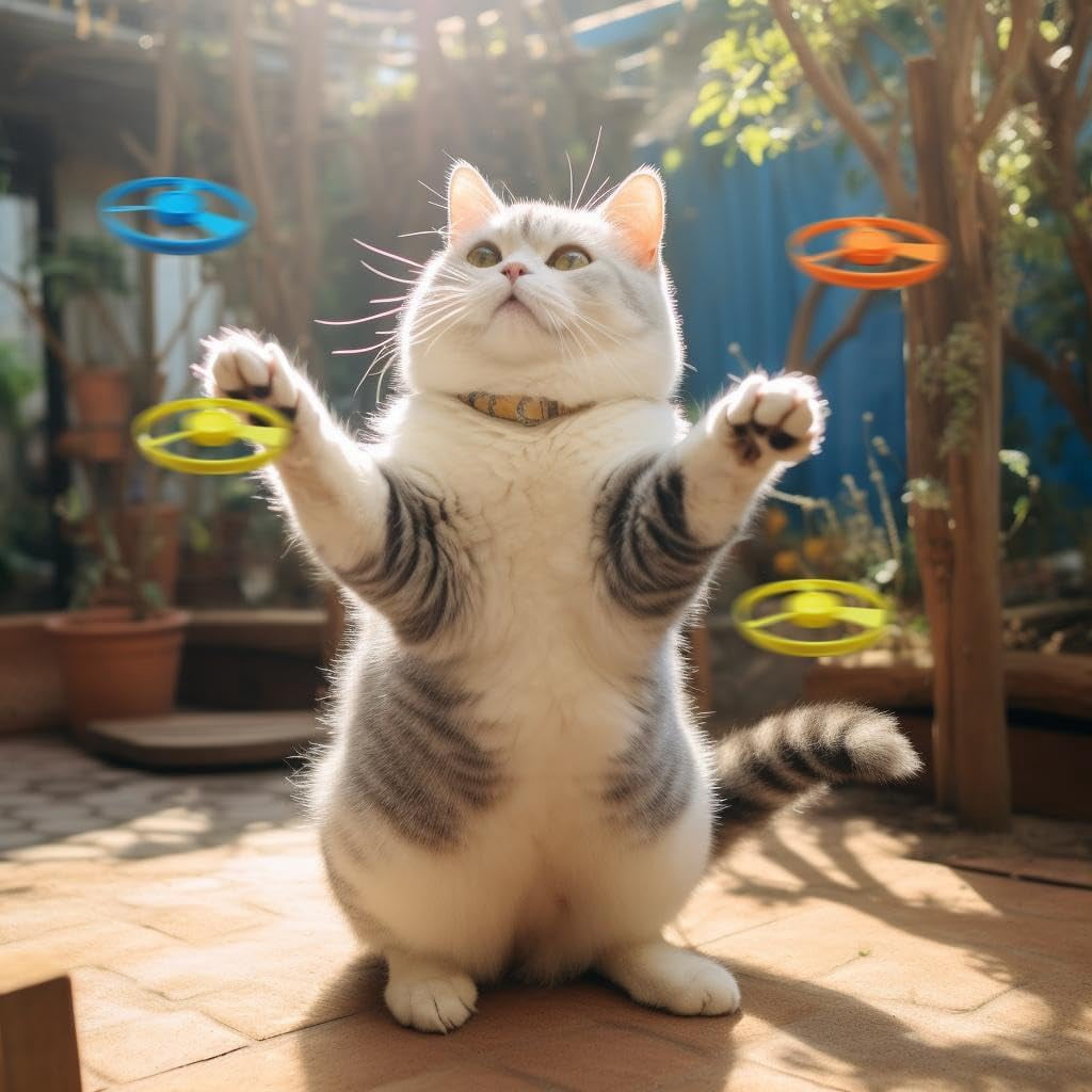 Cat Fetch Toy with Colorful Flying Propellers - Interactive Kitten Chasing Training Toy, Flying Disc Launcher Set for Indoor Outdoor Hunting Play, Pet Enrichment Activity