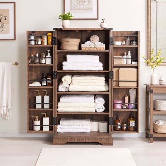 IFMUST 47" Kitchen Pantry Cabinet, Farmhouse Storage Cabinet with Adjustable Shelves for Kitchen, Dining Room, Bathroom - Rustic Brown