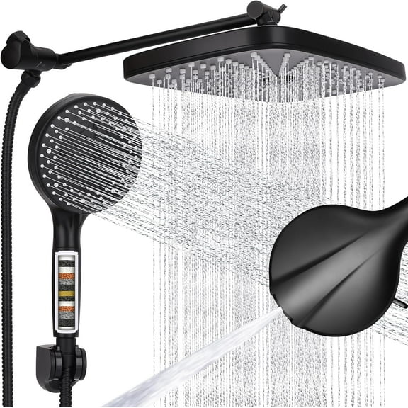 Shower Head 12'' High Pressure Rain Shower Head Combo, Filtered Handheld with 10 Water Spray, 3-Way Diverter Extension Arm Rainfall Showerhead, Adjustable Shower head with Anti-Clog Nozzles
