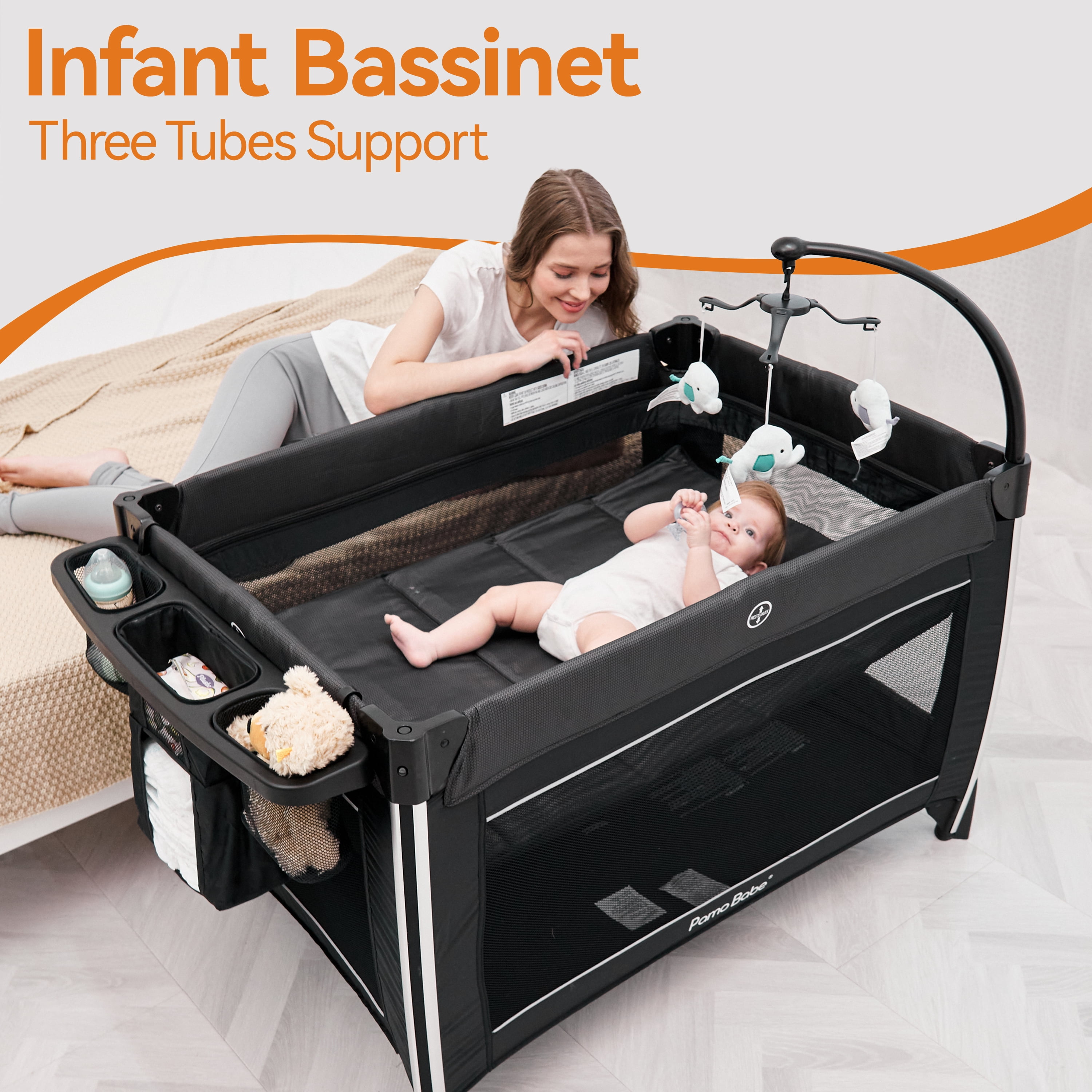 Pamo Babe 4 in 1 Baby Playard, Foldable Portable Crib with Bassinet & Changing Table and Toy Bar(Black)