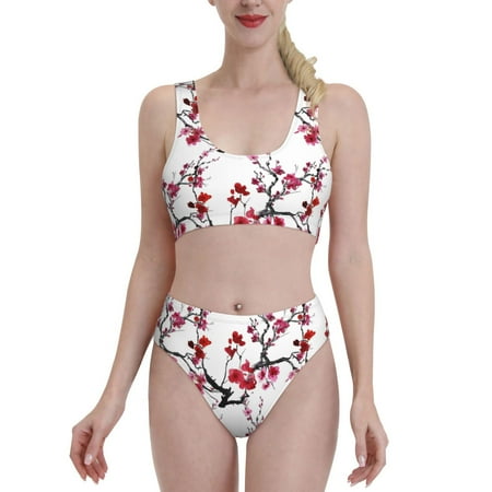 Bixox Cherry Blossoms Pattern Two-Piece Sports Bikini with U-Shaped Top and High-Waist Bottom - Women s Swimwear with Removable Bra Pads