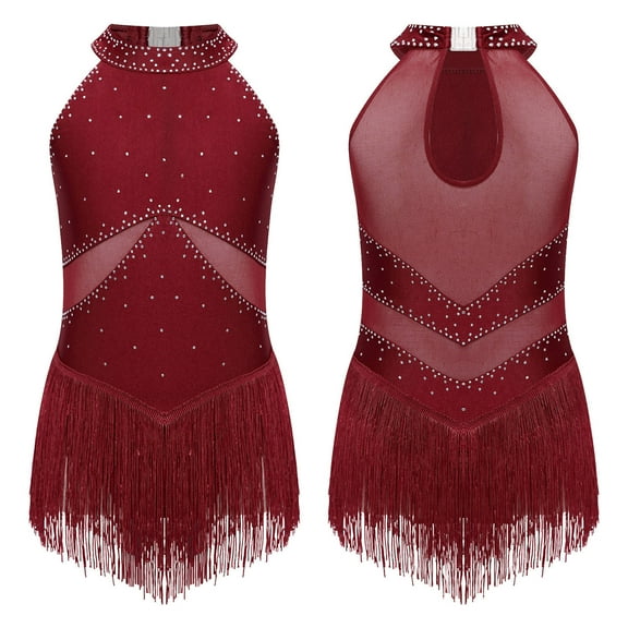 LiiYii Kids Girls Ballet Dance Latin Jazz Fringed Dress Sheer Mesh Keyhole Back Tassel Leotard Glittery Bodysuit Burgundy 6
