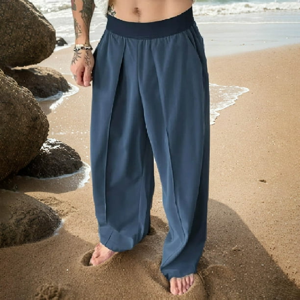 Pantalones largos para hombre, pantalones casuales con cintura elástica en color contrastante, pantalones holgados de color liso para hombre, pantalones largos para hombre, pantalones para hombre