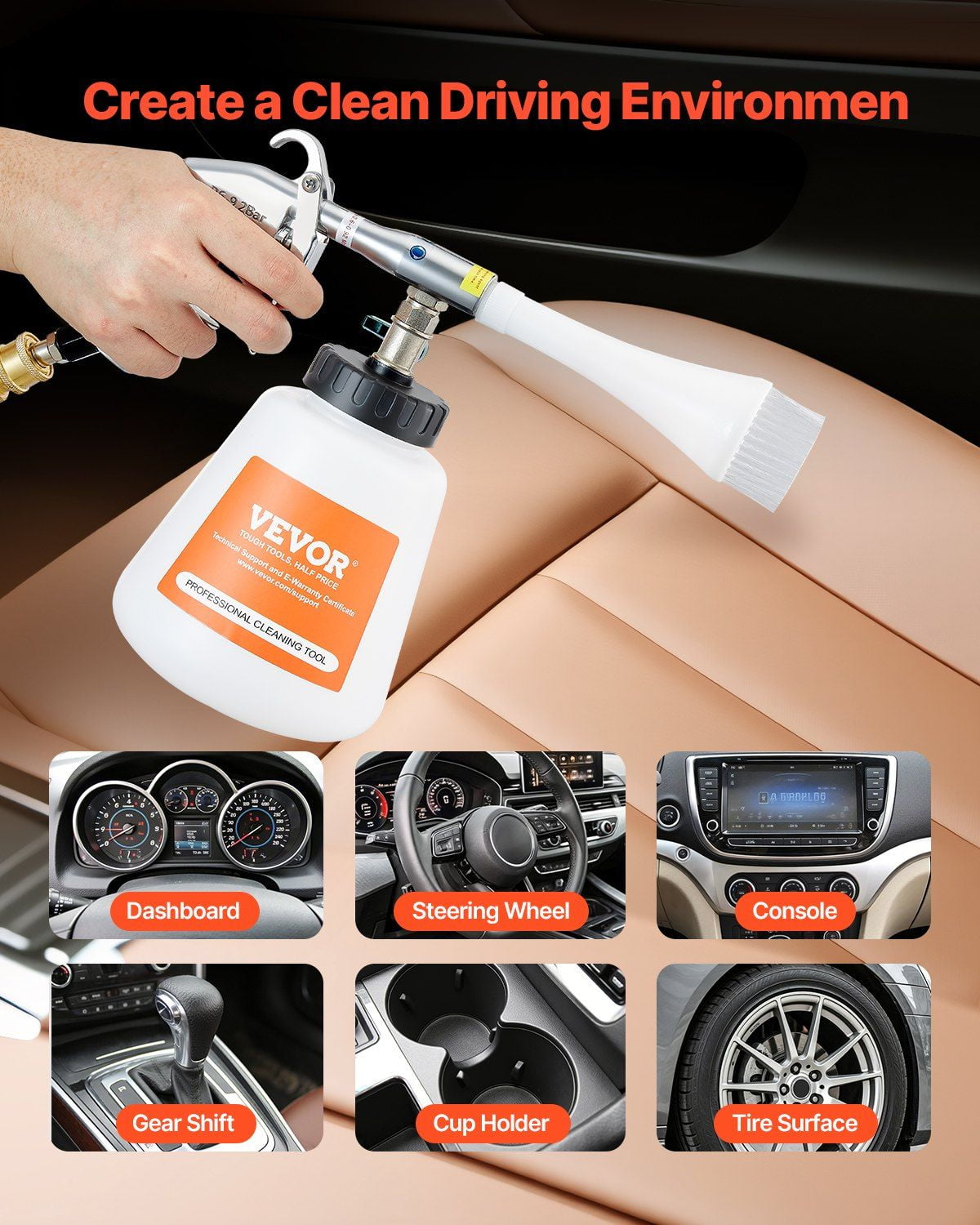 Car Cleaning Gun 6-9.2 Bar High Pressure Air Blow Gun with 2 Nozzles 1L Liquid Bottle Vortex Cleaning Gun Blasts Dirt Dust from Surface Works with 1/4 NPT Air Compressor