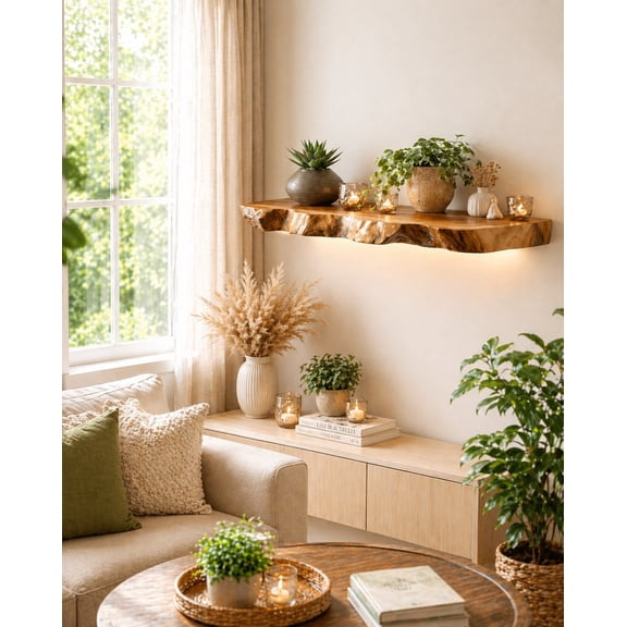 KnittWorld Floating Shelves Live Edge Shelf Teak Wood Hanging Book for Bedroom, Living Room, Kitchen, Wood Wall Décor