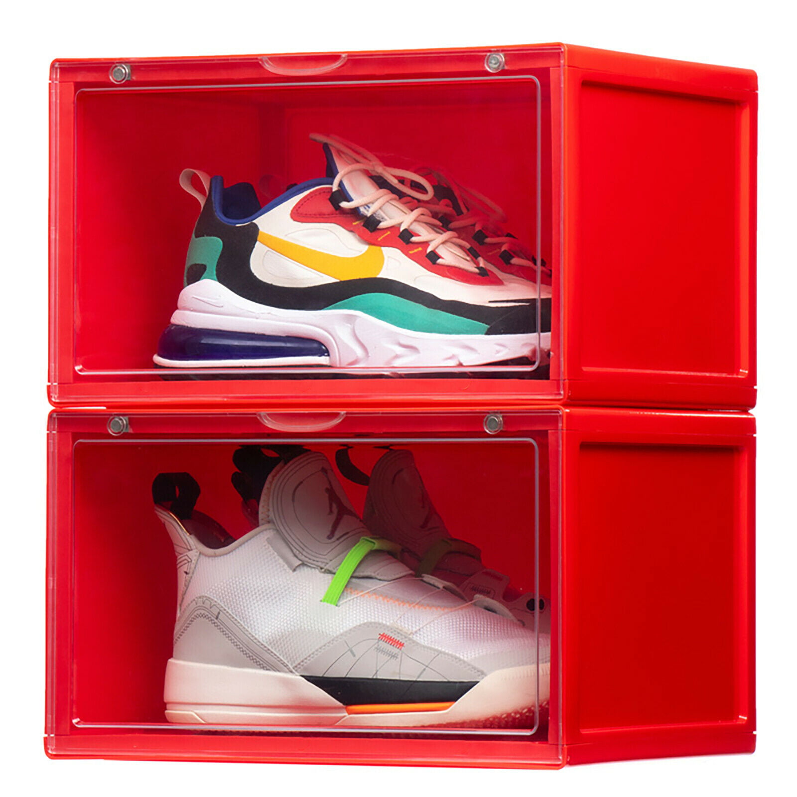 BOGO BOX Set of 2 WHITE Plastic Shoe Sneaker Crates Storage Magnetic Side Door 