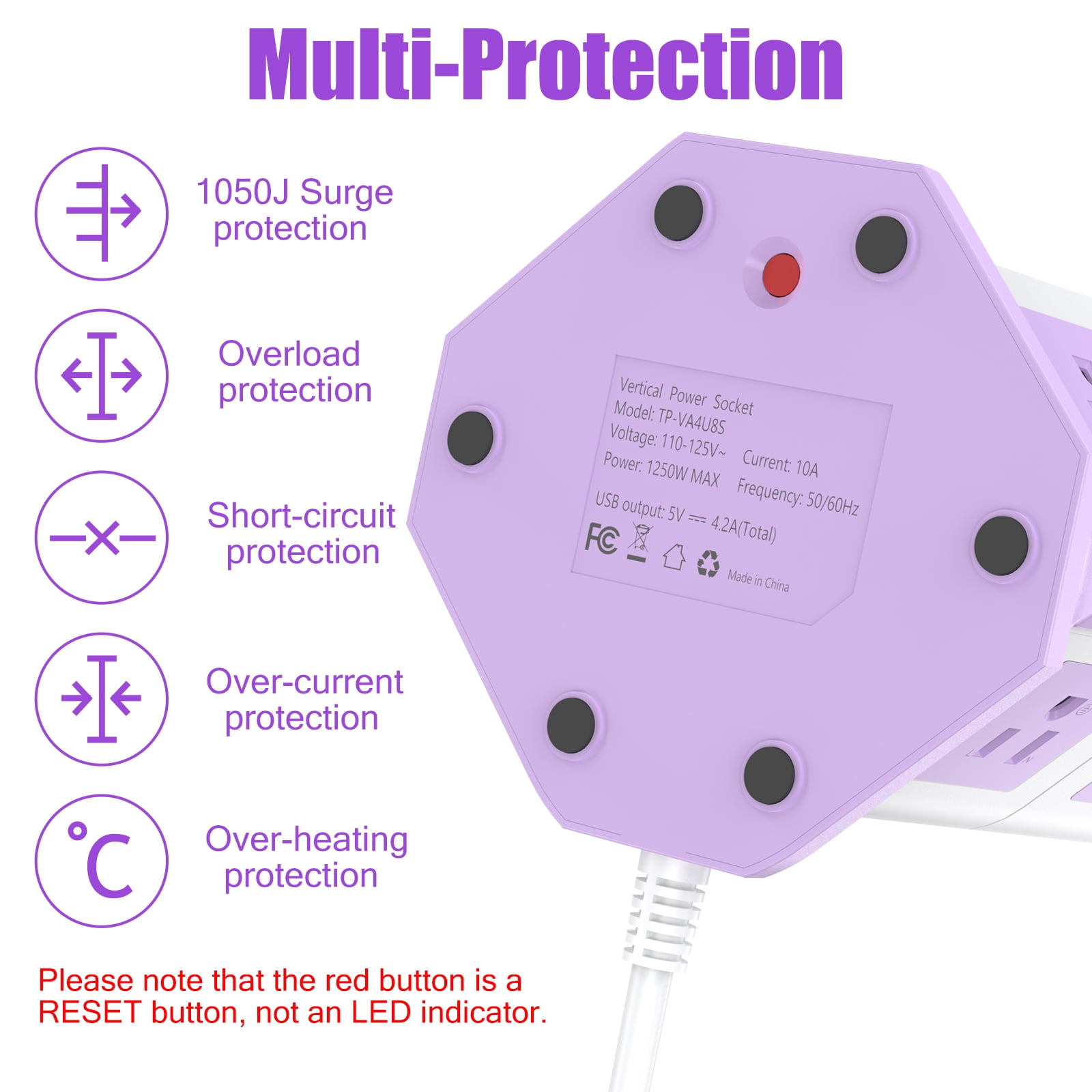 HITRENDS Surge Protector Power Strip Tower with 8 Outlet 4 USB Ports, 6.5ft Power Cord  Electric Charging Station, Purplish-white