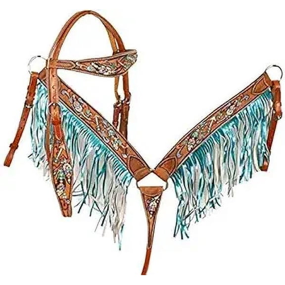 Western Headstall Breast Collar Reins & Wither Straps Tack Set Cowhide Leather Handmade Beaded Tooled Carved Horse Saddle Riding Tooling Carving Equestrian Size Full