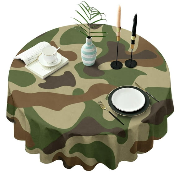 Camouflage Round Tablecloth 60x60in(153x153cm) – Waterproof Polyester Table Cover with Full Print Design, Wrinkle Resistant & Washable for Kitchen Dining Party Decor