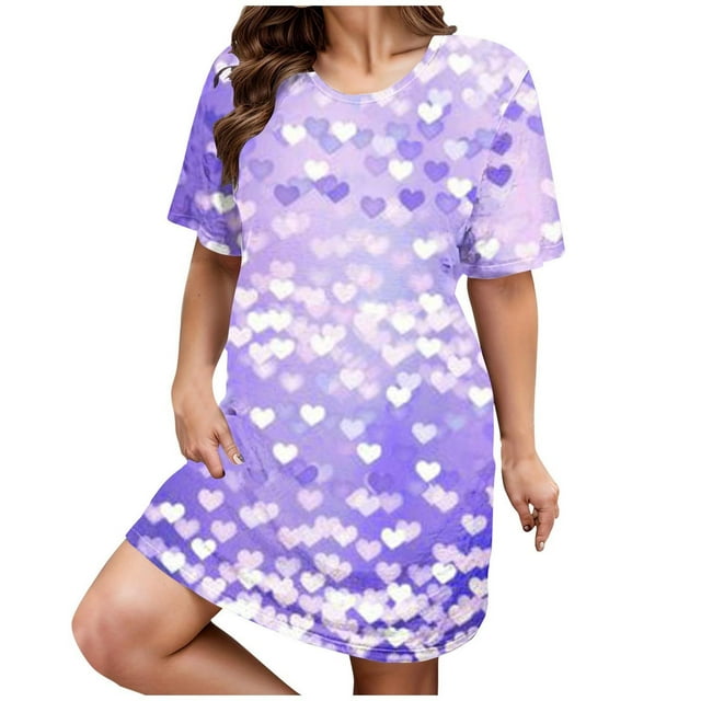 Kelon Nuisettes et Chemises de Nuit pour Femmes Grande Taille Robe de Nuit Décontractée pour Femmes Grande Taille Imprimé Cœur Manches Courtes Col Rond Extensibilité Moyenne Nuisette Ample Robe de Nuit de la Saint-Valentin