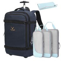 Hynes Eagle 22-inch Rolling Backpack Convertible Carry On Luggage with 4-Piece Packing Cubes, Navy Blue & Blue