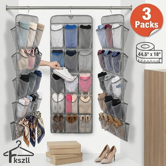 Hanging Shoe Organizer Caddy Double-Side Hanging Closet Storage Shelves with Rotating Hanger Hanging Shoe Storage Rack Holder for Shoes Clothes Wardrobe, 30 Large Pockets, 3Pcs Grey