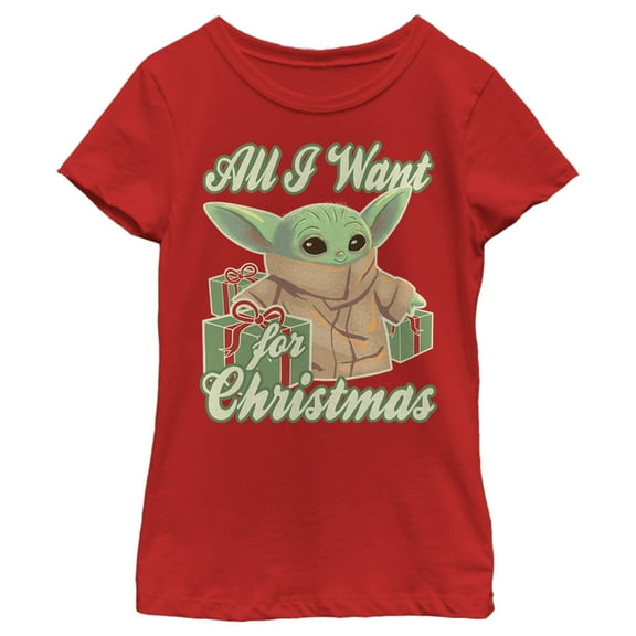Girl's Star Wars: The Mandalorian Grogu All I Want for Christmas Graphic Tee Red Small