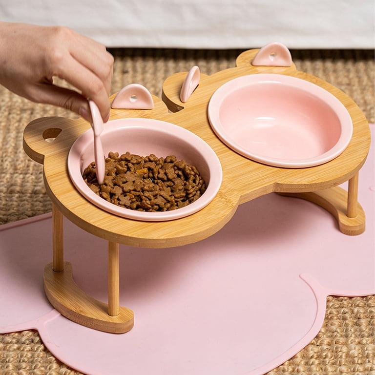 ALBOLET Adjustable Raised Pet Bowl Stand With 2 Ceramic Bowls - 4 Height Options For Cats & Small Dogs