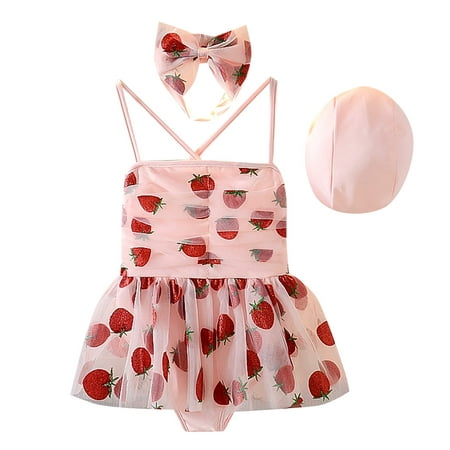 

Summer Small And Medium Sized Girls Pink Fashion Quick Drying Strawberry Printed Mesh Princess Swimsuit Suit Dress