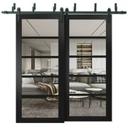 Quadro 4522 Matte Black 72-in x 96-in with Clear Glass Sliding Closet Barn Bypass Doors | Sturdy 6.6ft Rails Hardware Set | Wood Solid Bedroom Wardrobe Doors
