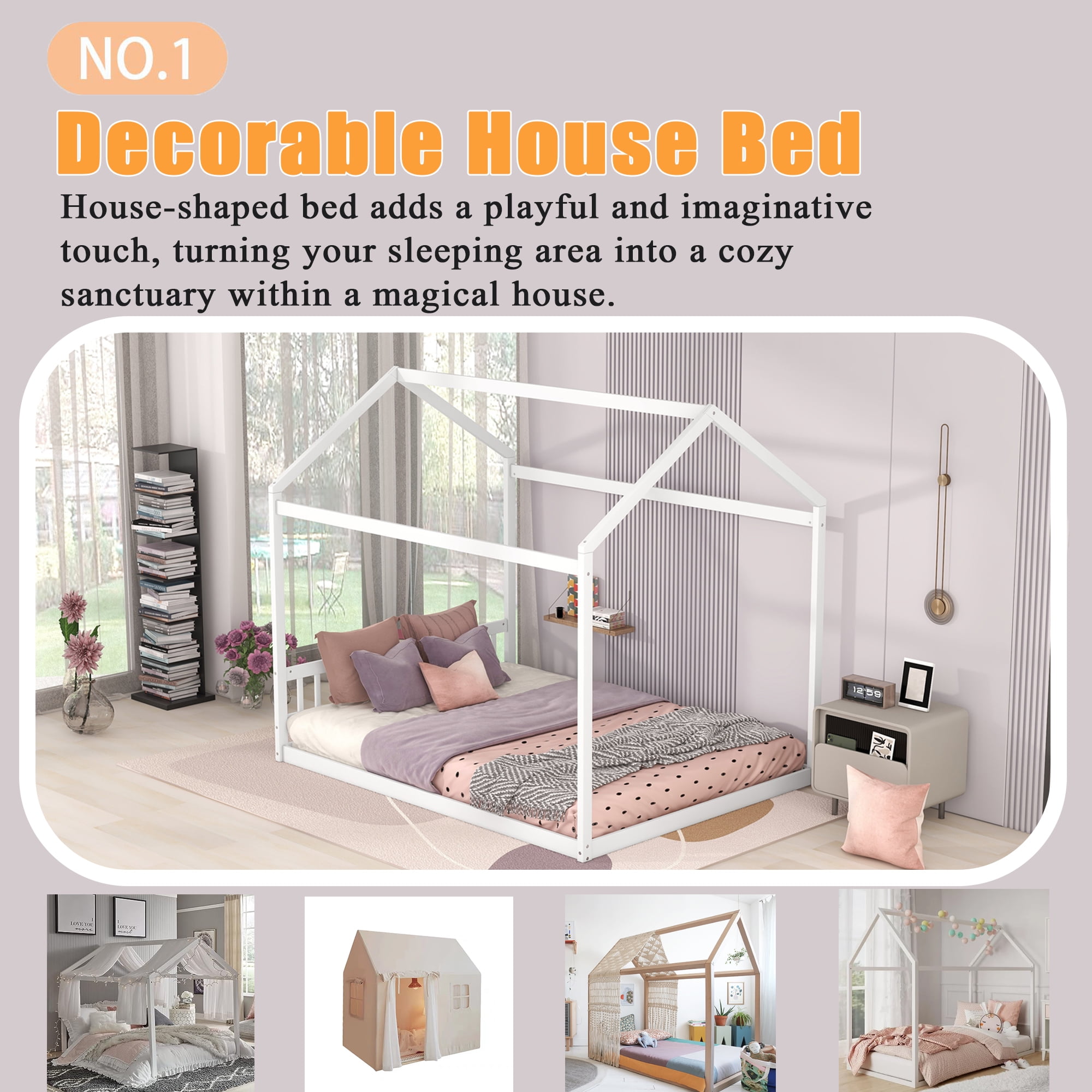 Bellemave Queen Size House Bed, Wood Montessori Floor Beds with Headboard Frame, No Box Spring Needed (Gray)