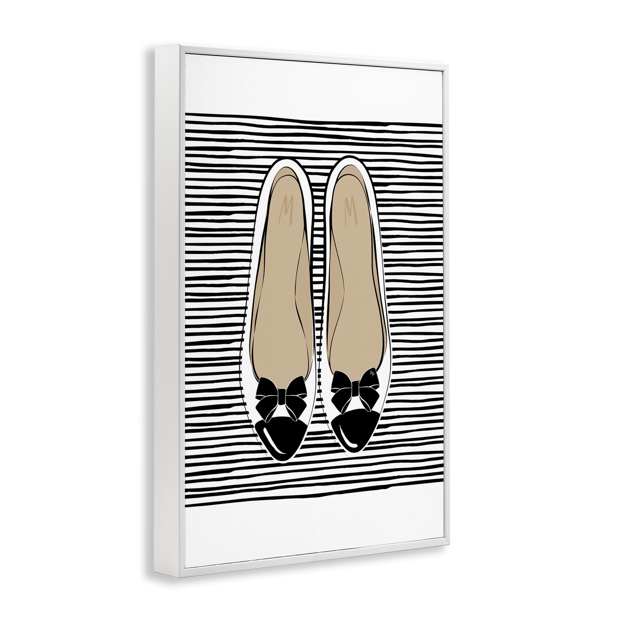 Stupell Industries Bow Flats on Stripes Beauty & Fashion Painting White Framed Art Print Wall Art, 12 x 18