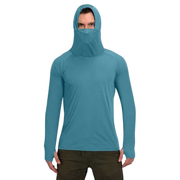 Moxiu Men's Sun Protection Hoodie with Mask UPF 50 Long Sleeve Lightweight Hooded Rash Guard Shirts Hiking Fishing Summer Tops Sky Blue,XL