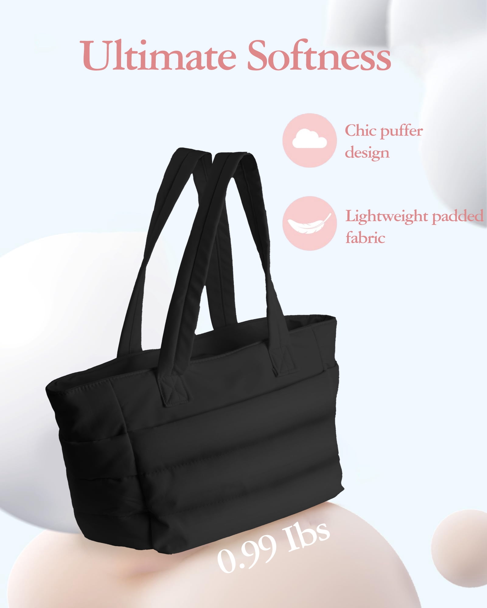 Gynky Tote Bag for Women, Lightweight Puffy Tote Handbag, Quilted Satchel Crossbody Bag for Women Work Travel, Black