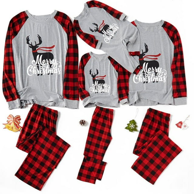 Matching Family Christmas Pajamas Set Letter Reindeer Top Plaid Pants Set Sleepwear