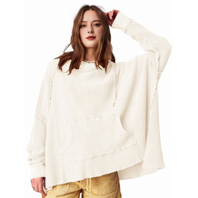 Sudadera con Capucha Extragrande para Mujer, Jersey con Mangas Murciélago y Cuello Redondo, Jersey con Diseño de Gofre Crema M