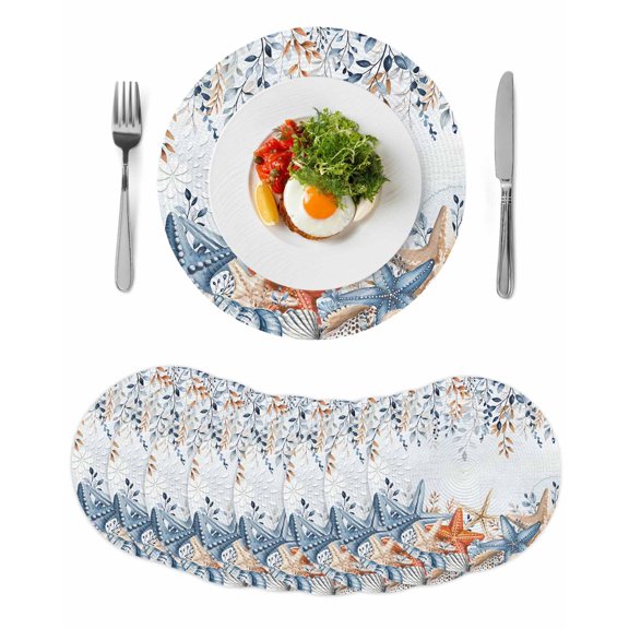 Blue Coastal Round 15 Inch Placemats Set of 8, Summer Beach Starfish Weeping Eucalyptus Ombre HeatResistant Non Slip Place Mats for Dining Table, Wipeable Braided Kitchen Table Mats for Housewarming