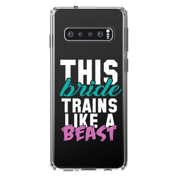 DistinctInk Clear Shockproof Hybrid Case for Samsung Galaxy S10 (6.1" Screen) - TPU Bumper Acrylic Back Tempered Glass Screen Protector - This Bride Trains Like a Beast