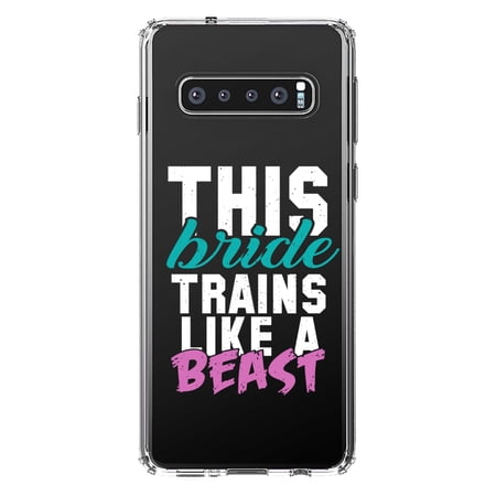DistinctInk Clear Shockproof Hybrid Case for Samsung Galaxy S10+ PLUS (6.4 Screen) - TPU Bumper Acrylic Back Tempered Glass Screen Protector - This Bride Trains Like a Beast