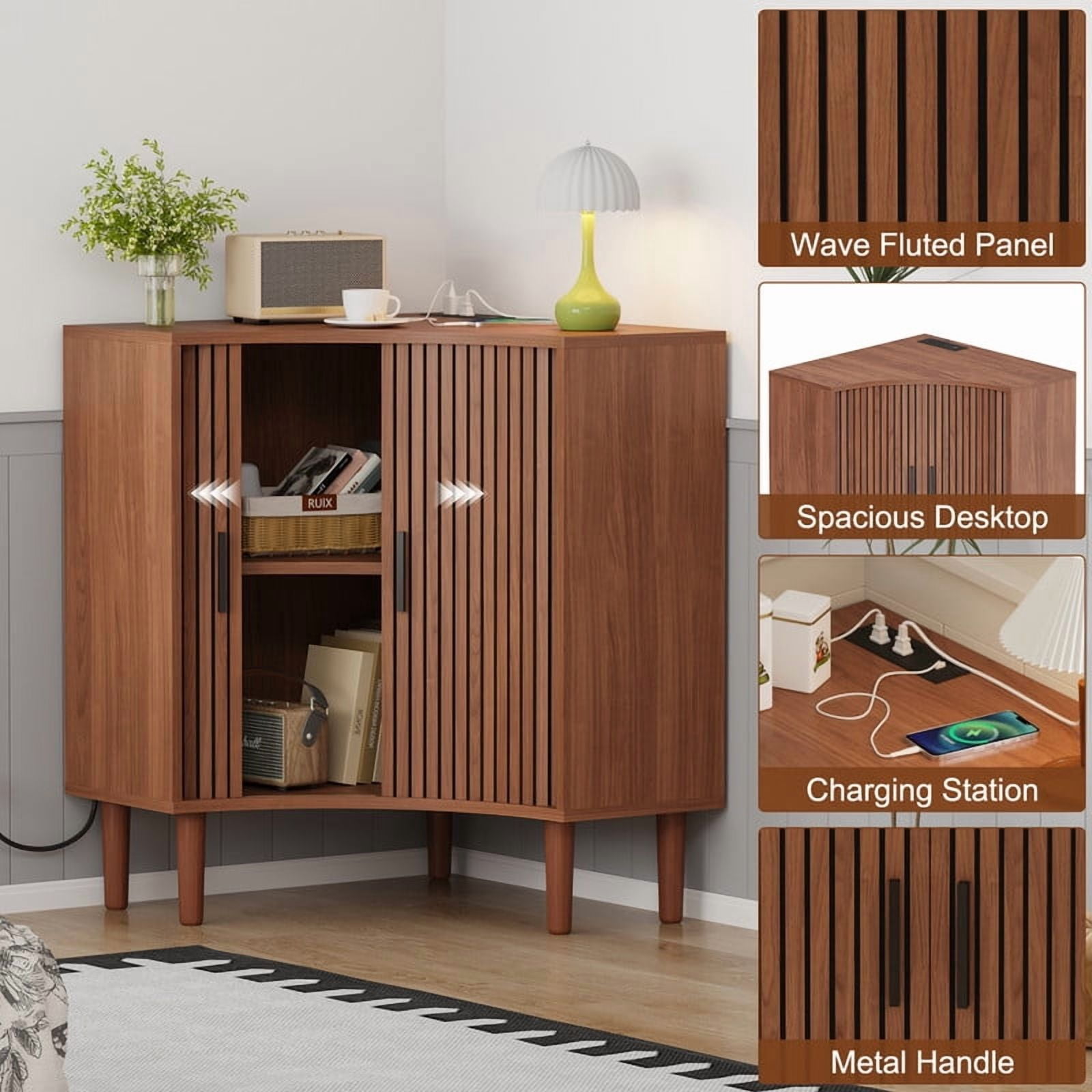 Fluted Corner Cabinet with Charging Station, Small Corner Floor Cabinet with Sliding Doors, Modern Wooden Freestanding Narrow Storage Organizer for Living Room, Small Space,Dining Room, Bathroom