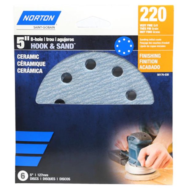 Norton 50166038 8Hole Ceramic Sanding Discs, 220 Grit, 5In., 3Pk