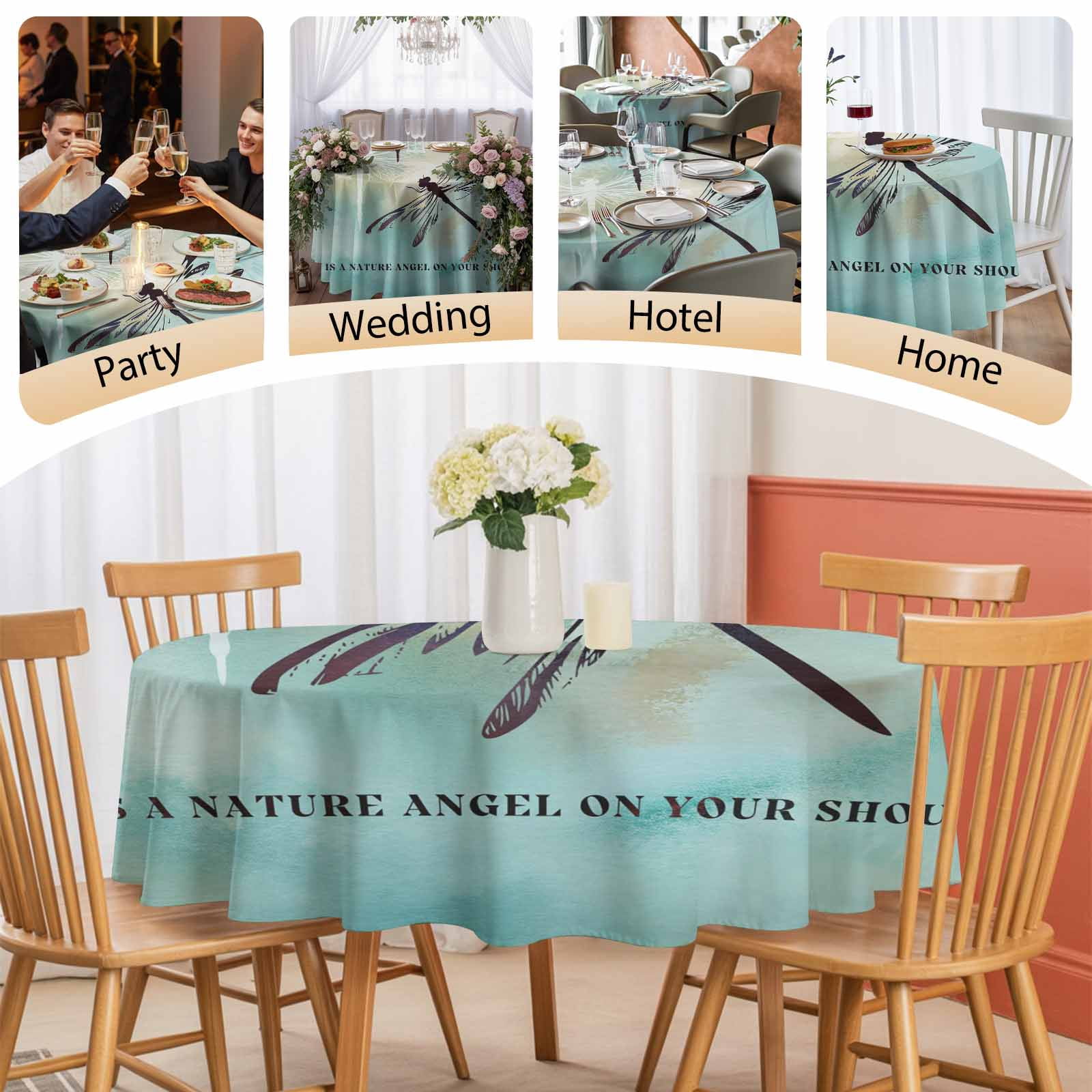 Round Tablecloth Vintage Dragonfly Waterproof Oil Proof Polyester Table Cloth Cover Decor for Home Dining Outdoor,Patio,Parties, 60" Dia. Teal Blue