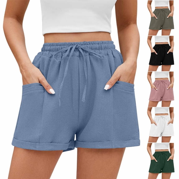Sakmal Wide Leg Shorts for Women Drawstring Green Solid Lightweight Ladies Shorts with Pockets