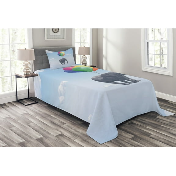 Ambesonne Animal Quilted Bedspread Set 2 Pcs, Baloons Sky Art, Twin Size, Multicolor