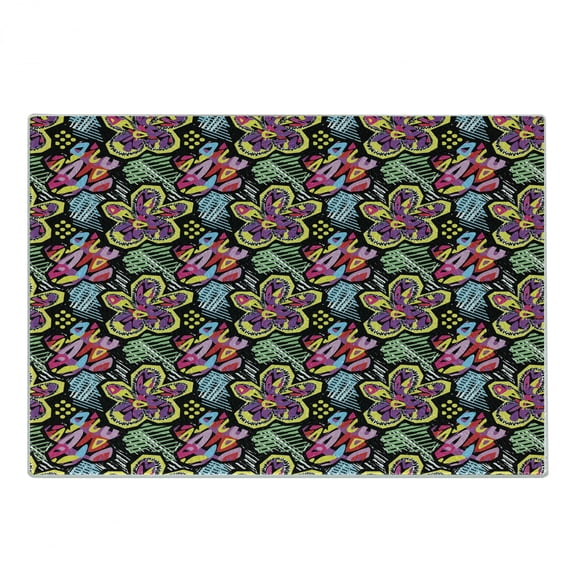 Colorful Cutting Board, Tropical Flowers Pattern with Brushstroke Effects Vibrant Colored Grunge Doodle, Decorative Tempered Glass Cutting and Serving Board, Small Size, Multicolor, by Ambesonne