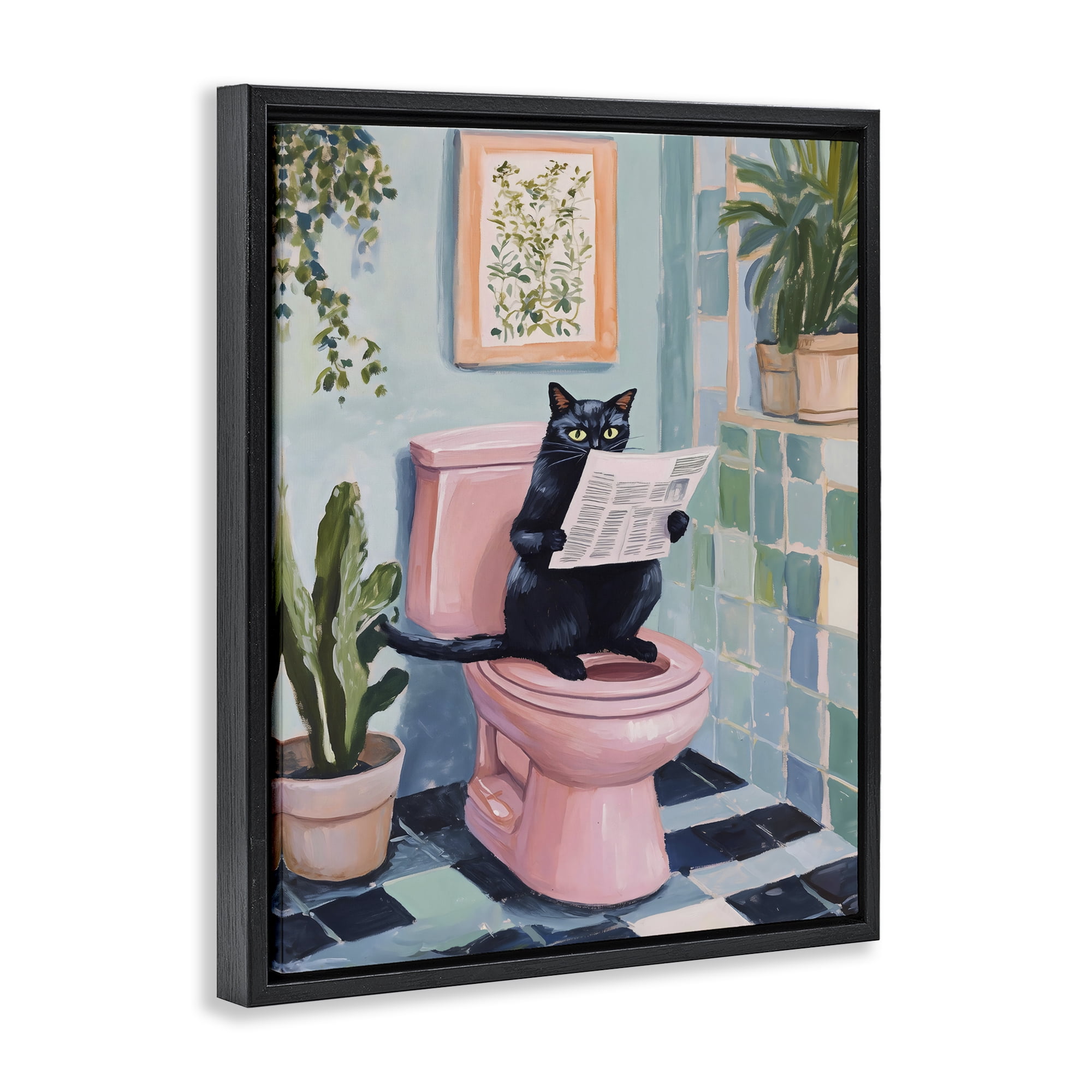 Stupell Industries Cat Reading on Pink Toilet Black Framed Floater Canvas Wall Art, design by The Prints Vibe