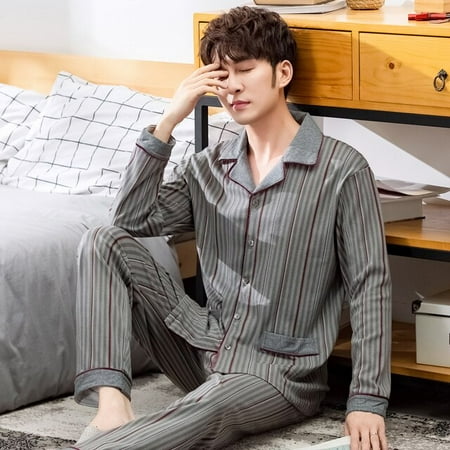 

QWZNDZGR Big Size M-4XL Autumn HQ Cotton Gentleman Men Pyjamas Men s Pajamas Sets Lapel Sleepwear Pyjamas Night Suits Pijamas Homewear PJ